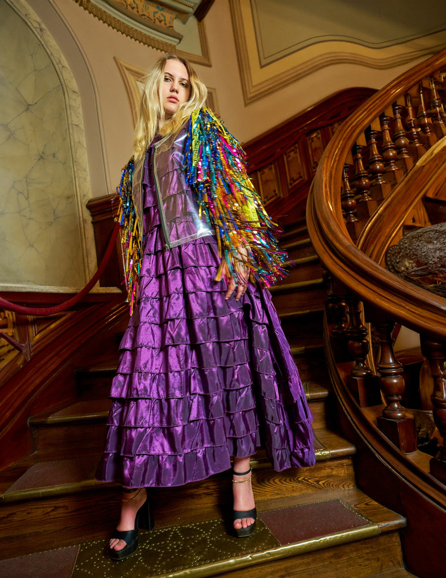 Vinyl Jacket with Rainbow Tinsel Fringe