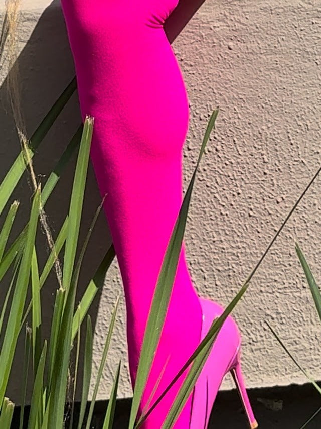 Hot pink knee highs worn, side angle