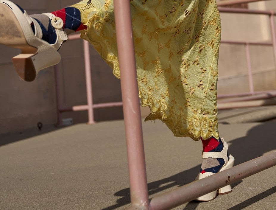 Argyle socks with platform shoes closeup