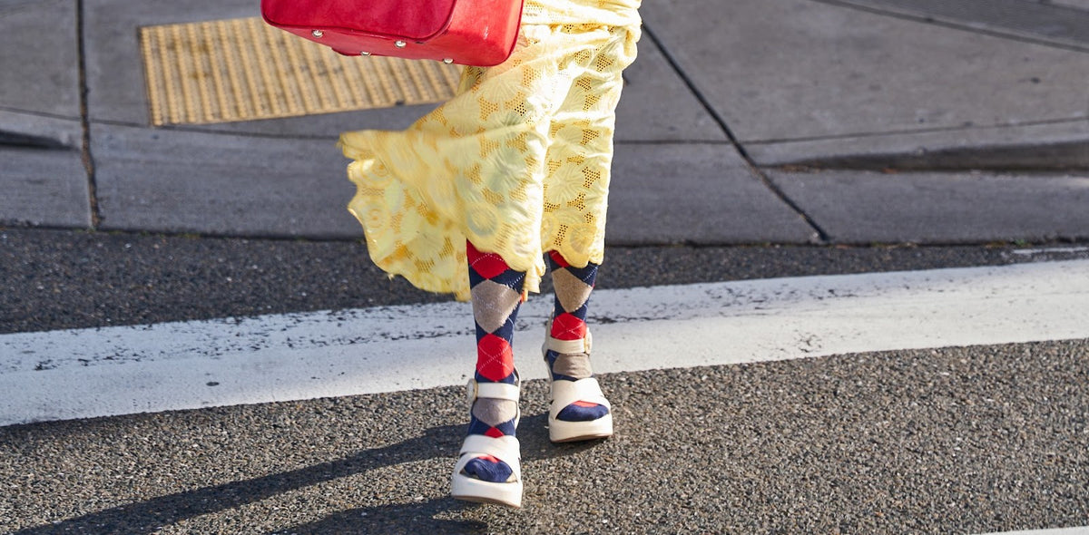 Argyle knee socks with platform sandals